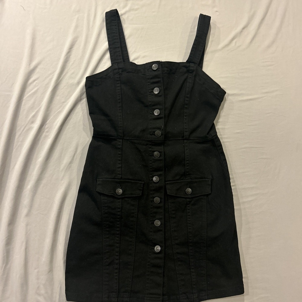 H&M DIVIDED Women's Black Denim Button Front‎ Overall Dress Small Jumper NWT